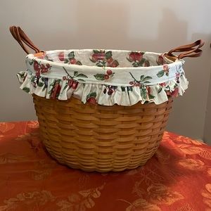 1998 Longaberger Extra Lg Bushel basket,  with fruit fabric and plastic liner